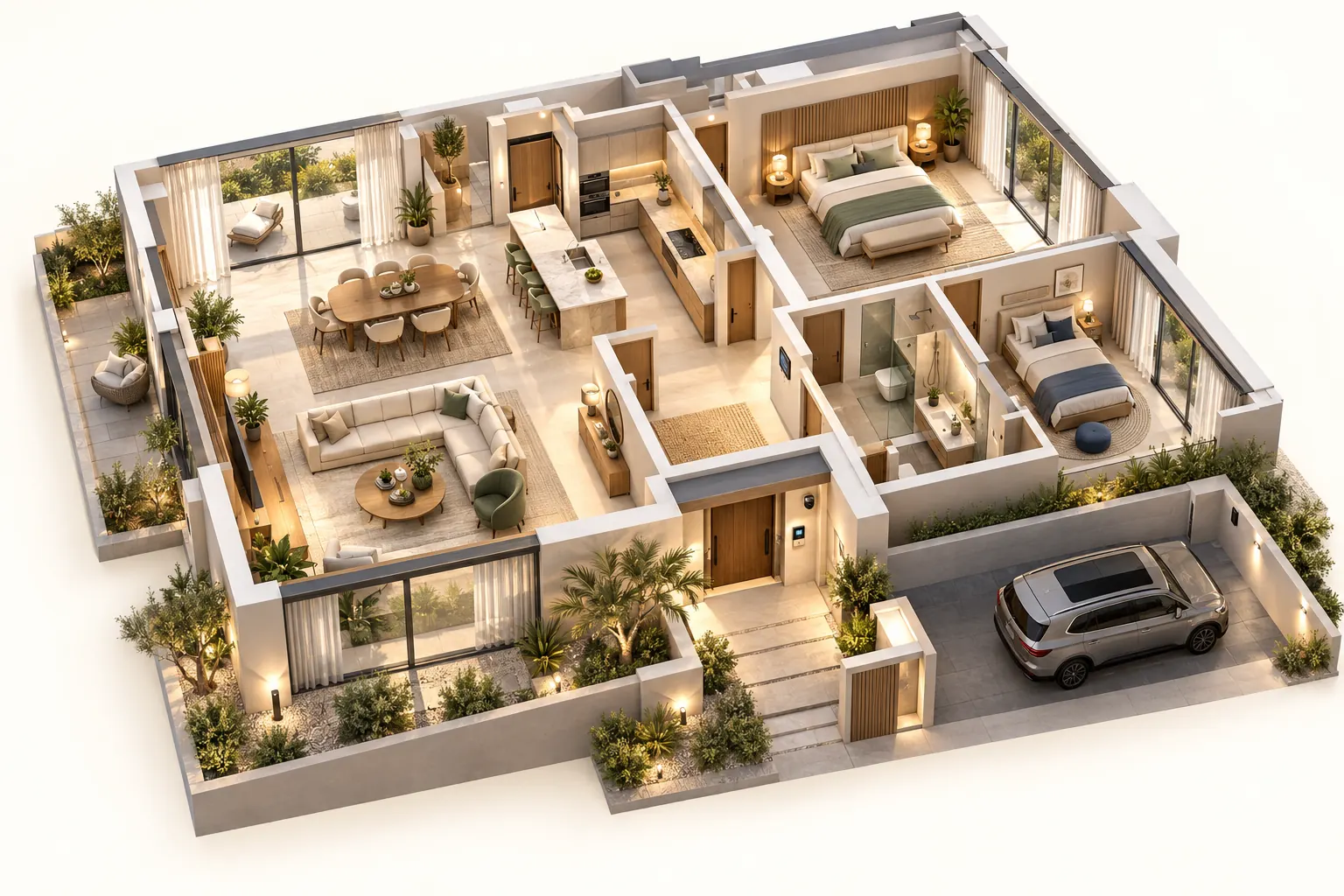 Architectural cutaway showing a modern villa's rooms, entrance and garden