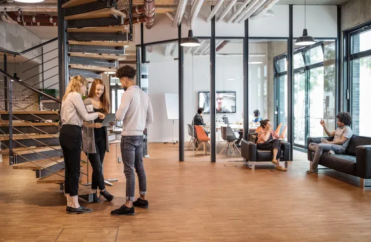 Workplace service illustration showing an open office and meeting spaces