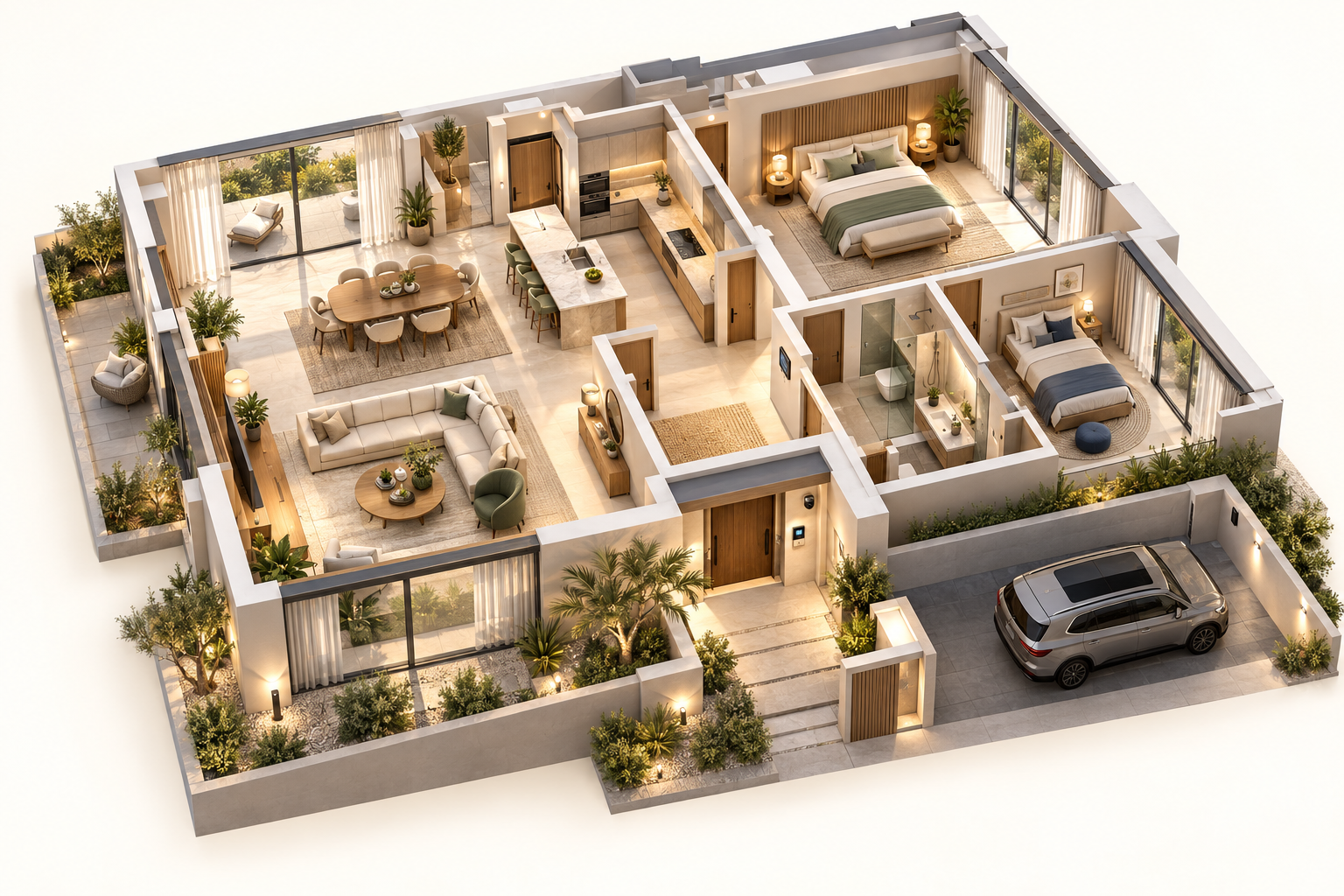 A 3D view of a modern home
